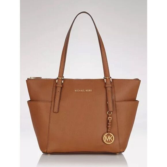 Michael Kors Womens Jet Set Zip Saffiano Leather Tote Shoulder Bag Brown Medium - Picture 1 of 12